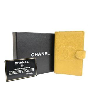 CHANEL Logo Agenda Day Planner Notebook Cover Caviar Leather Yellow